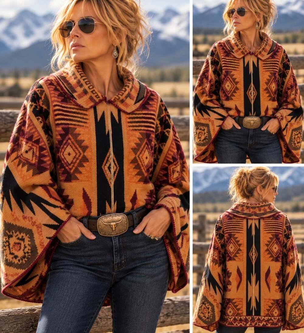 Southwestern Aztec Poncho Women’s Pullover Fold Collar Western Boho Cape